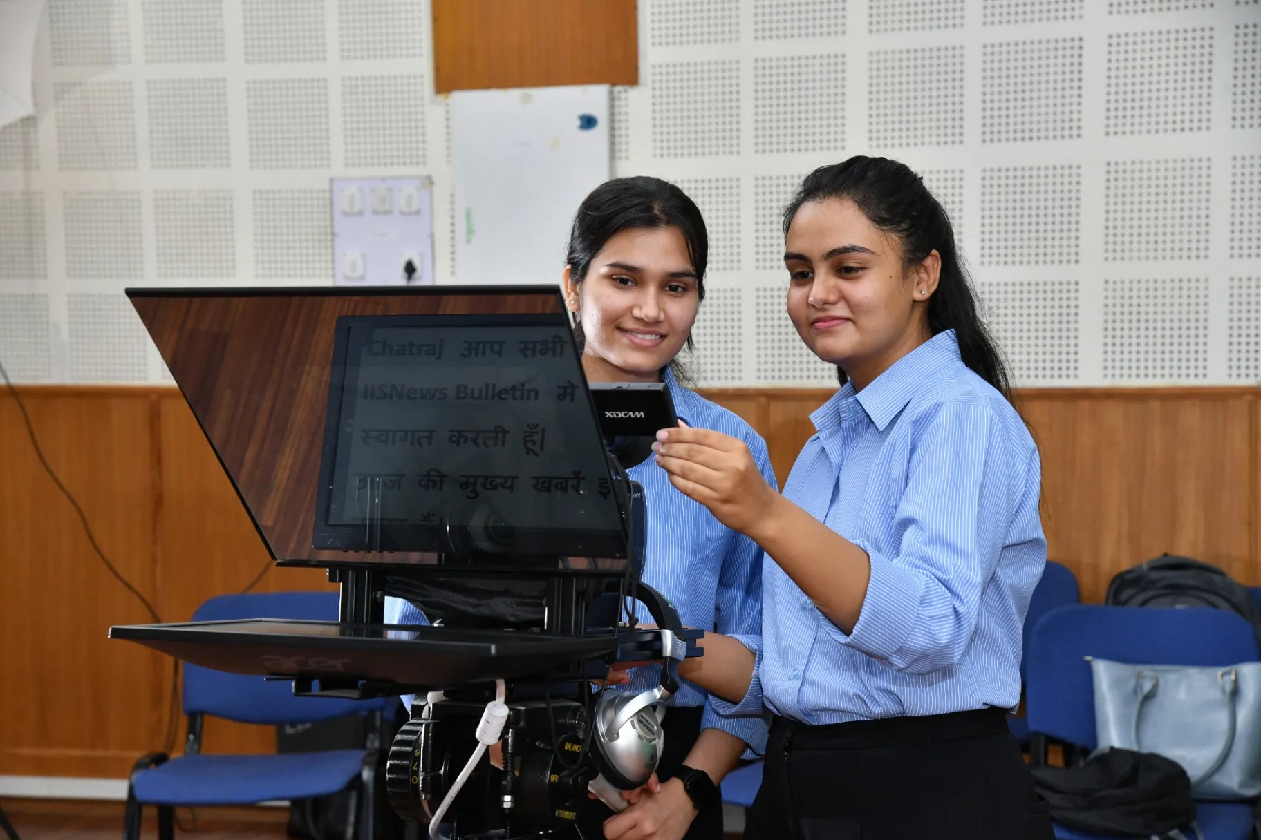 Mass communication students in media studio at IIS University Jaipur girls college